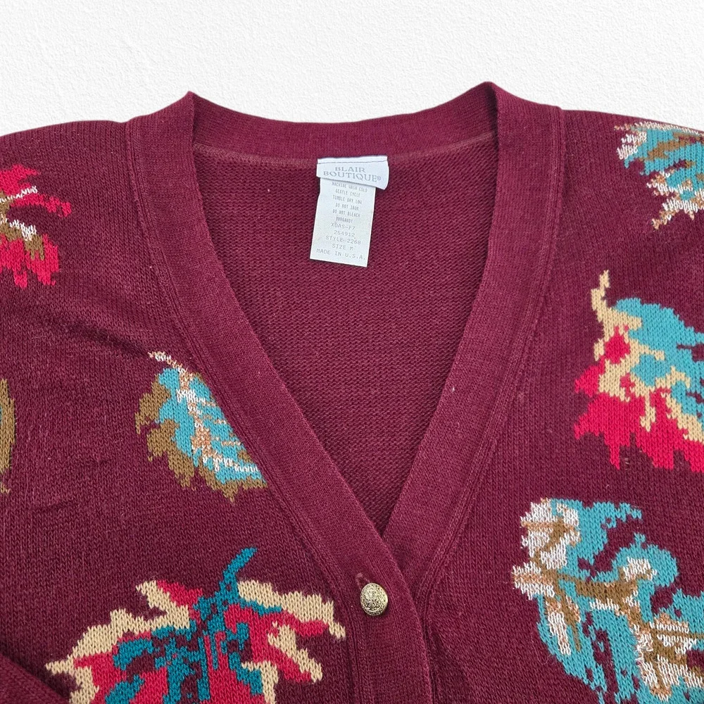 Vintage 90s Burgundy Red Leaf Print Button Front Cardigan USA Made Size Medium